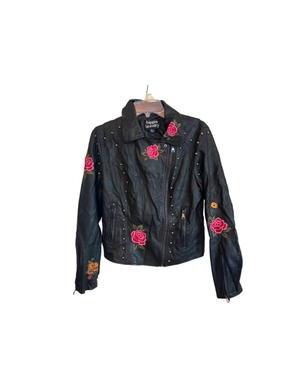 Hippie Laundry Large Black Faux Leather Moto Jacket Floral Embroidered Boho Edgy - Picture 2 of 15